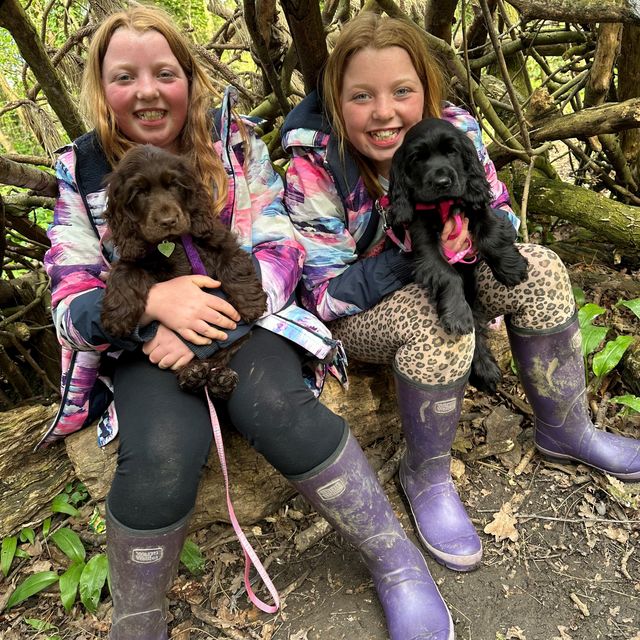 Twins in purple wellies with pups